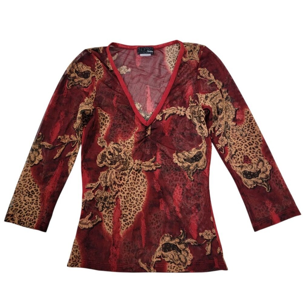 Y2K Toska Womens Red Sheer Mesh Leopard Baroque Grunge Ruched V-Neck Top Medium